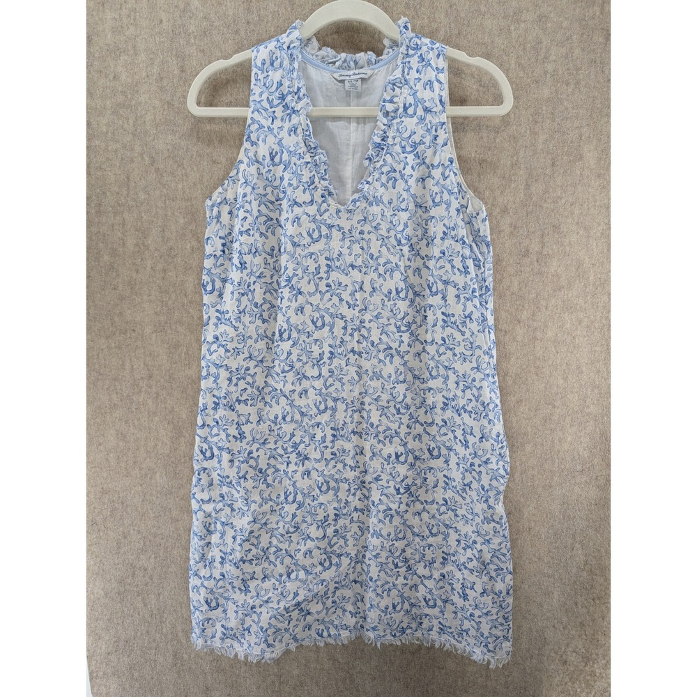 Tommy Bahama El Coral Ruffled Linen Shift Dress Blue White Coral Print Linen XS
